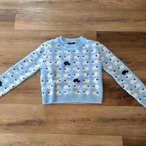 Blue Sheep Pattern Crop Sweater